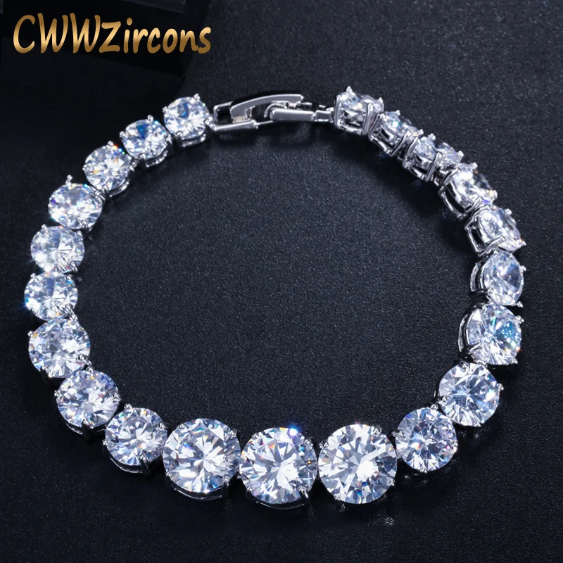 CWWZircons Luxury CZ Bridal Jewelry Silver Color Round Shape Big Cubic Zirconia Bracelets Bangles for Women CB150