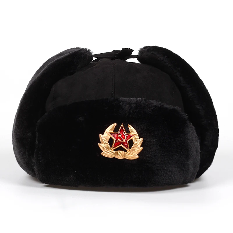 Soviet Army Military Badge Russia Ushanka Bomber Hats Pilot Trapper Aviator Cap Winter Faux Rabbit Fur Earflap Snow Caps hat