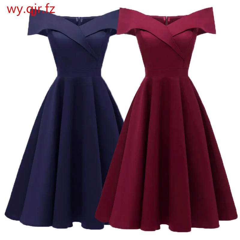 PTH-CD-1635#Satin drill wine red Navy blue black short Boat Neck Bridesmaid dresses wessing party dress gown prom wholesale