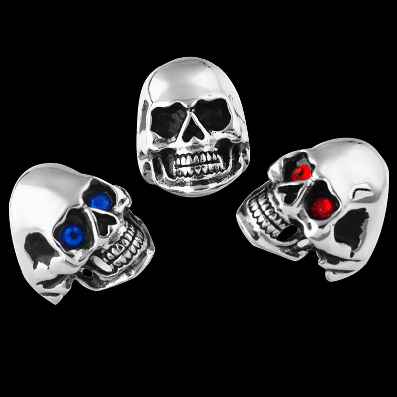 Men\'s Solid Skull Ring Gothic Punk Biker Rider Red/Blue Eyes Vintage Stainless Steel Skeleton Finger Band Men Jewelry