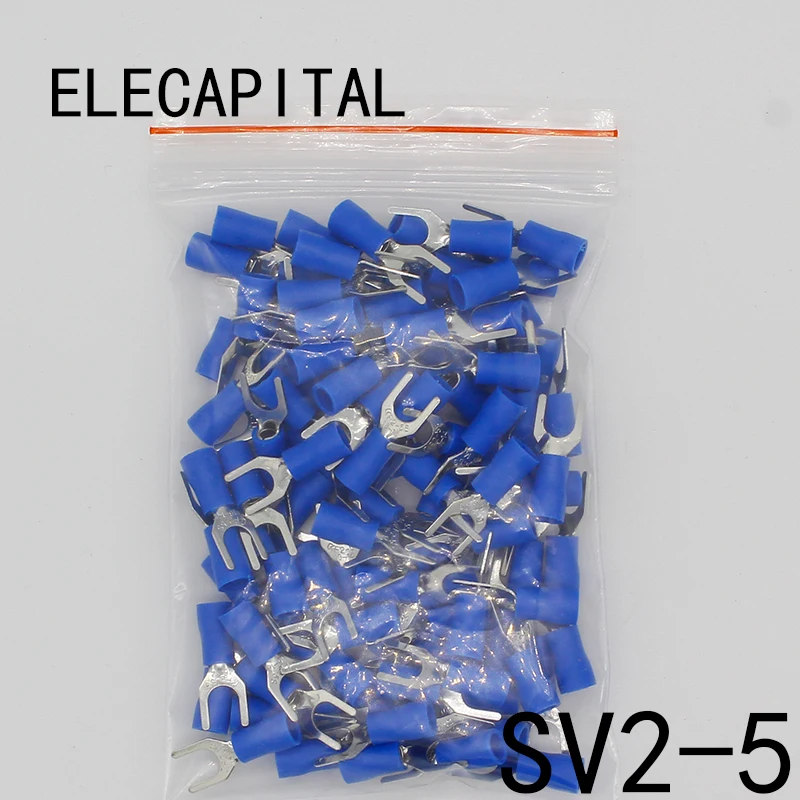 SV2-5 Blue Furcate Insulated Wiring Terminals Cable Wire Connector 100PCS/Pack Insulating Cable Lug terminals SV2.5-5 SV