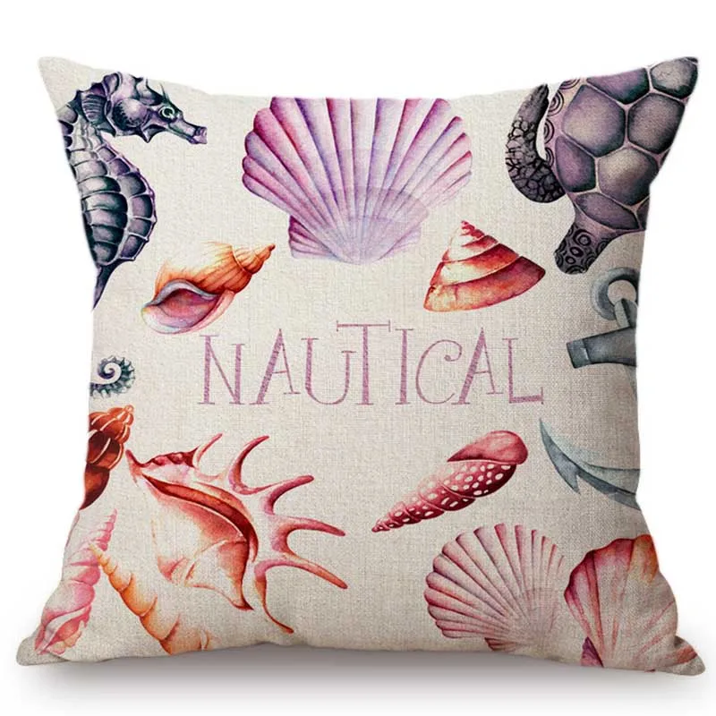 18'x18' Nautical Ocean Watercolor Style Sofa Throw Pillow Cover - Seashell Seahorse Starfish Cotton Linen Home Decor Cushion