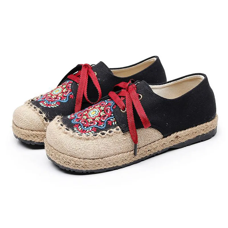 Zapatos originales con cabeza redonda para mujer, zapatillas con bordado, refrescantes, transpirables, hechas a mano, con correa de cáñamo, informales