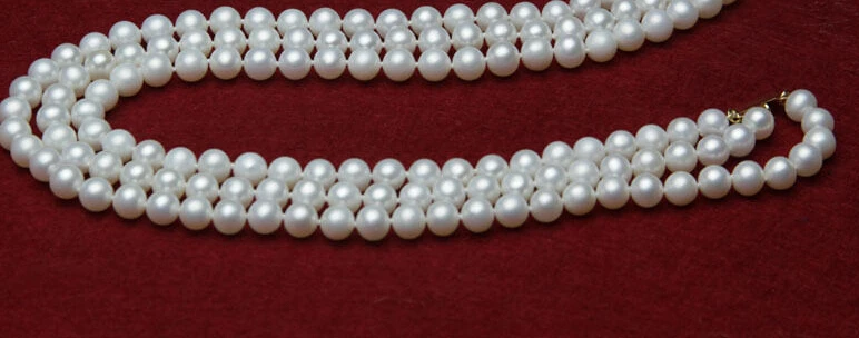 Women's Wedding charm  fashion AAA 3 row set 7-8mm white freshwater pearl necklace bracelet  real new-jewelry