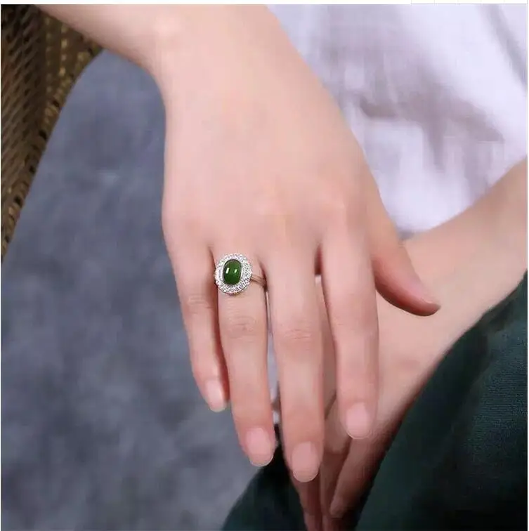 

Free shipping Woman Ring Natural Hetian Jasper Ring 925 sterling silver Ring Wholesales Fine jewelry Gem Size 7*9mm