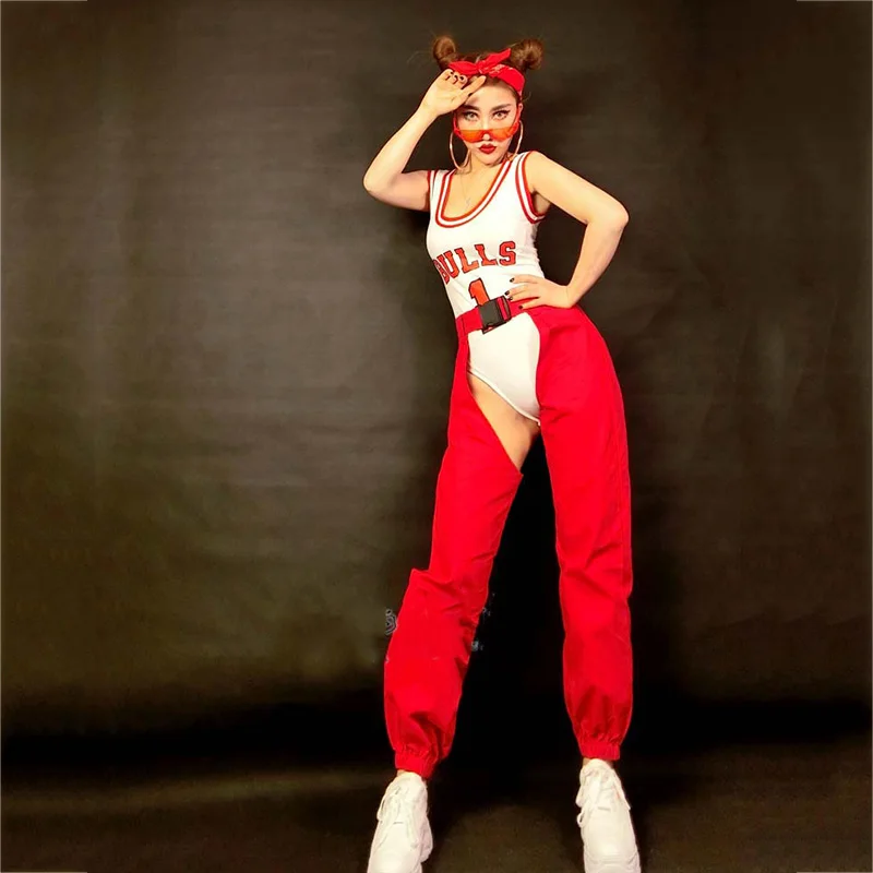 Jazz Dance Costumes Female Sleeveless Bodysuit Red Trousers Suits Women Adults Nightclub Dj Ds Gogo Show Wear Costume DNV11533