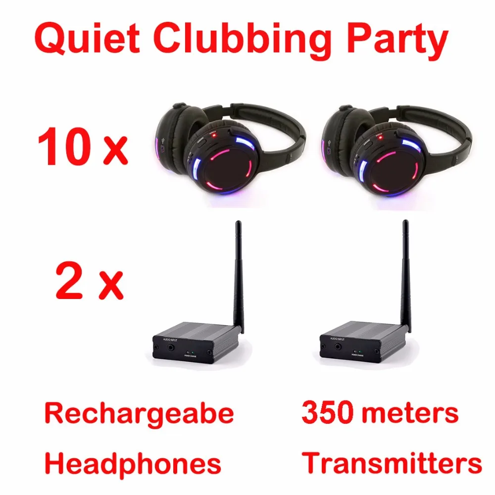 

Silent Disco Compete System Black Led Wireless Headphones - Quiet Clubbing Party Bundle (10 Headsets + 2 Transmitters)