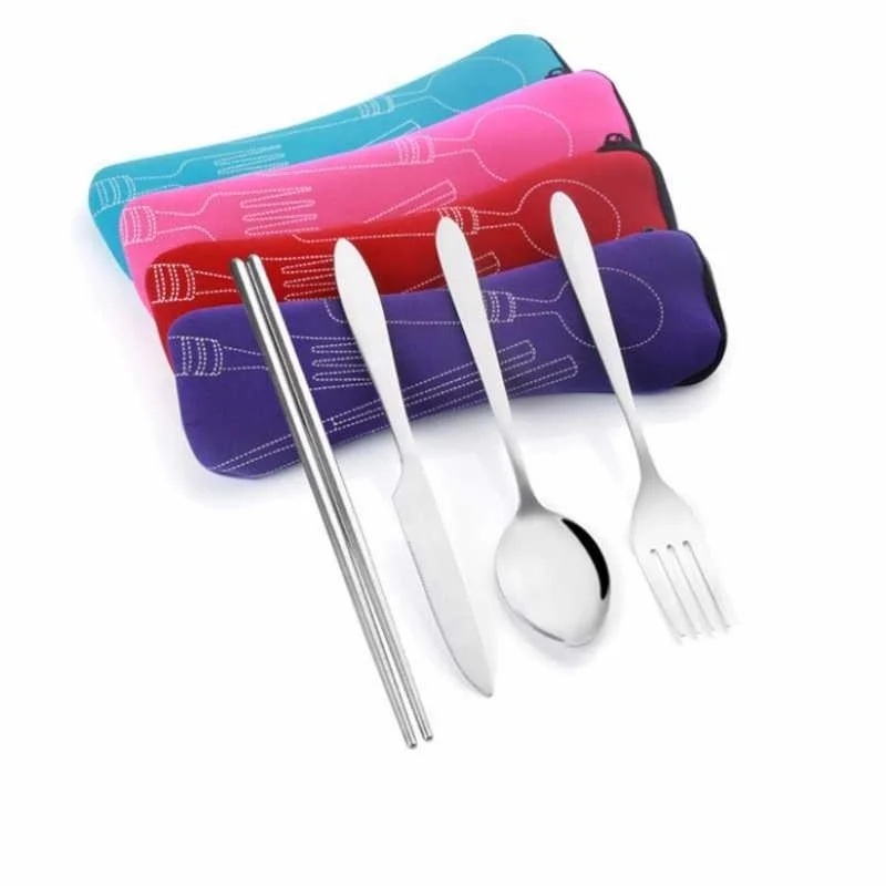 4Pcs/Set Stainless Steel Cutlery Tools Outdoor Camping Flatware Set Fork/Spoon/Knife/Chopsticks Pocket Utensils Picnic Tableware