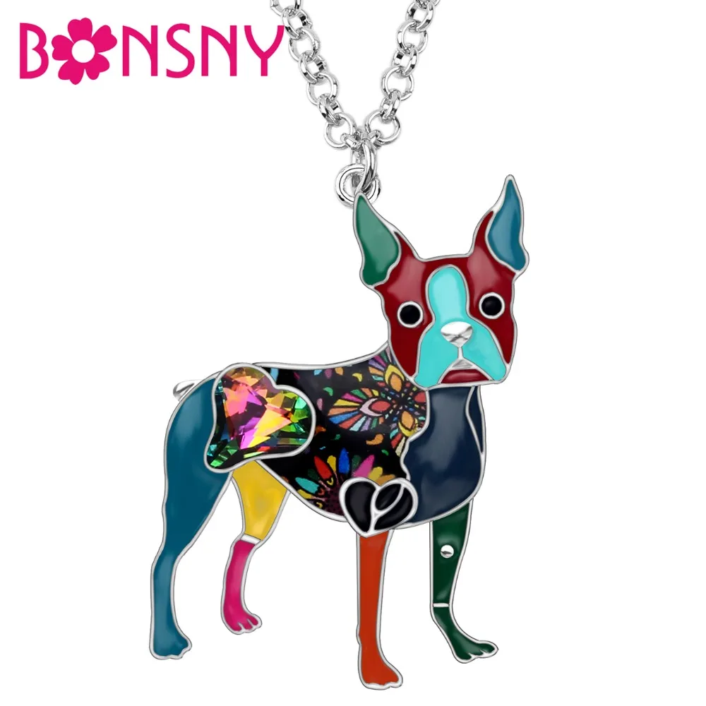 Bonsny Enamel Alloy Crystal Rhinestone Boston Terrier Dog Necklace Pendant Choker Animal Pets Jewelry For Women Girls Gift Party