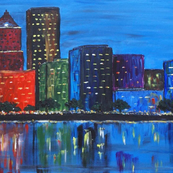 Seascape of a City at Night Hand Painted in Impressionist Style With Variations of Little Texture and Depth for Home Decoration