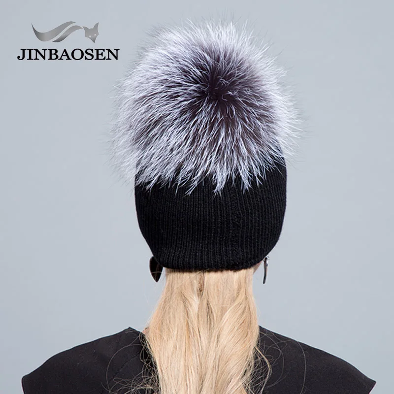 JINBAOSEN  Fur Hat Winter Warm Ear Protective Leather Hat Fox Hair Ball Raccoon Hair Hat Cover Women\'s Ski Cap