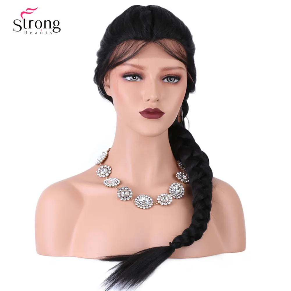 StrongBeauty Französische Zopffrisuren, Lace-Front-Perücken für Frauen, synthetische Spitzenperücke, schwarz, mit Babyhaar