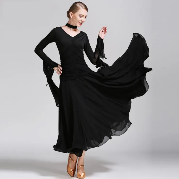 Chiffon Long Sleeves Standard Competition Ballroom Dance Dress For women One Piece Adult Modern/Waltz/Latin Dancing/Dancewear