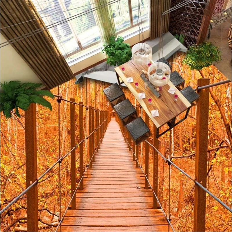 

beibehang Wooden Bridge Autumn Trees Bathroom 3D Floor Customized Large Mural Pvc Environmental Resistant Wearable