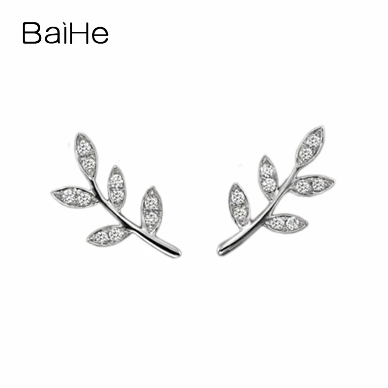 BAIHE Solid 14K White Gold 0.20ct H/SI Natural Diamond Leaf Stud Earrings Women Trendy Engagement Party Fine Jewelry серьги