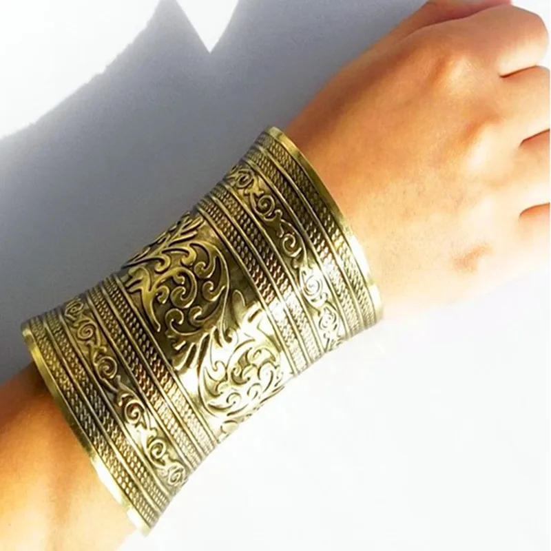 1pc Boho Vintage Tibetan Punk Bronze Metal Color Carving Open End Cuff Arm Bangle Bracelet Armlet Jewelry Gift