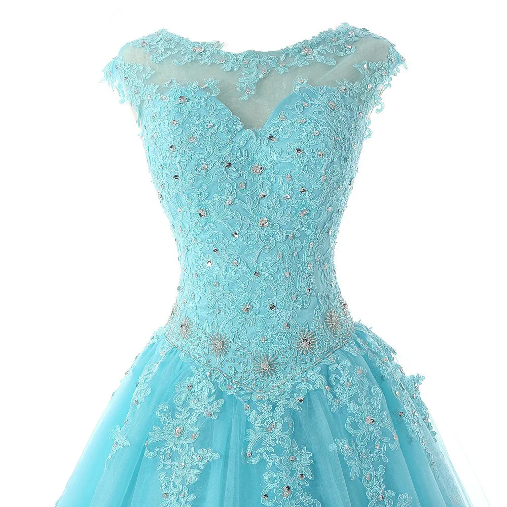 Janevini 2019 Bola Elegan Gaun Tulle Panjang Quinceanera Gaun Cap Lengan Appliques Beaded Backless Sweet 16 Turquoise Gaun