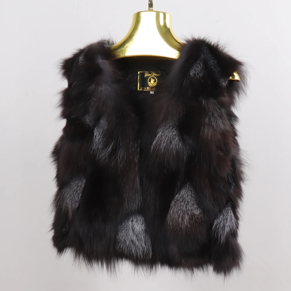 Winter Women Real Sliver Fox Fur Vest Short Style Warm 100% Natural Real Sliver Fox Fur Gilet Sliver Fox Fur Sleeveless Jacket