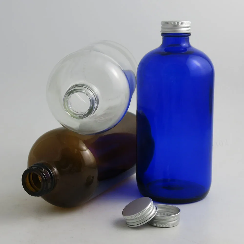 2pcs 480ml Big Refillable Amber Blue Clear Boston Round Glass Bottles with Aluminum lids 16 oz Large Glass Containers