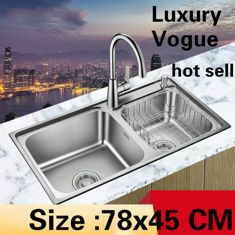 

Free shipping Standard kitchen individuality double groove sink food grade 304 stainless steel whole drawing hot sell 78x45 CM