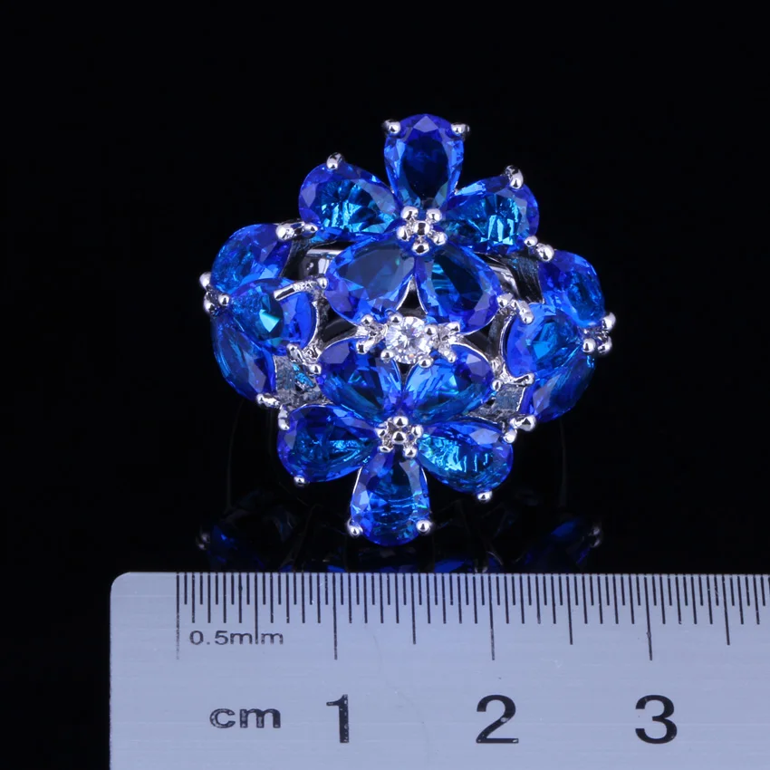 Gleaming Huge Blue Cubic Zirconia White CZ Silver Plated Ring V0165