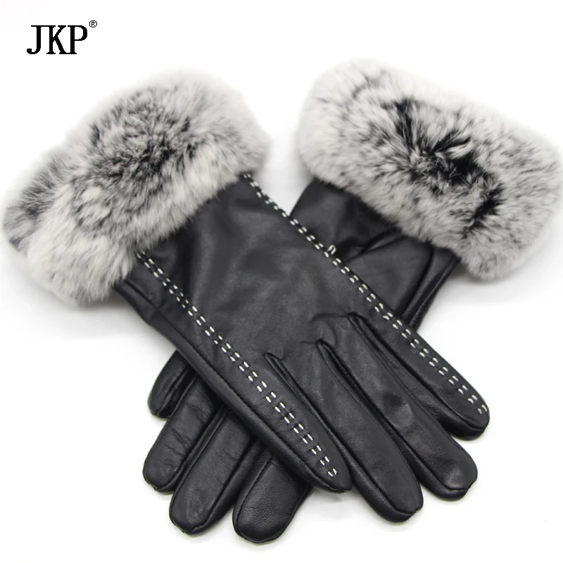 JKP ใหม่หรูหรากระต่ายจริงขน Rex ถุงมือผู้หญิงสีดำหนัง Sheepskin ของแท้ฤดูหนาวหนาอุ่นถุงมือผู้หญิง