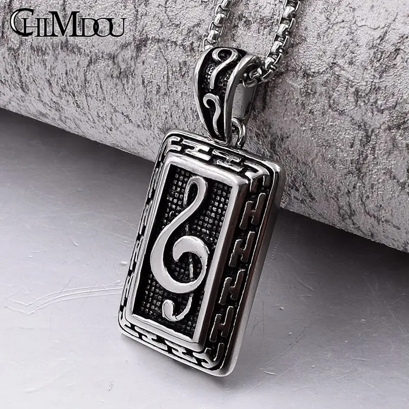 CHIMDOU gothic vintage Men stainless steel square dog tag pendant Musical Note Necklace for women Boy Girl Gift