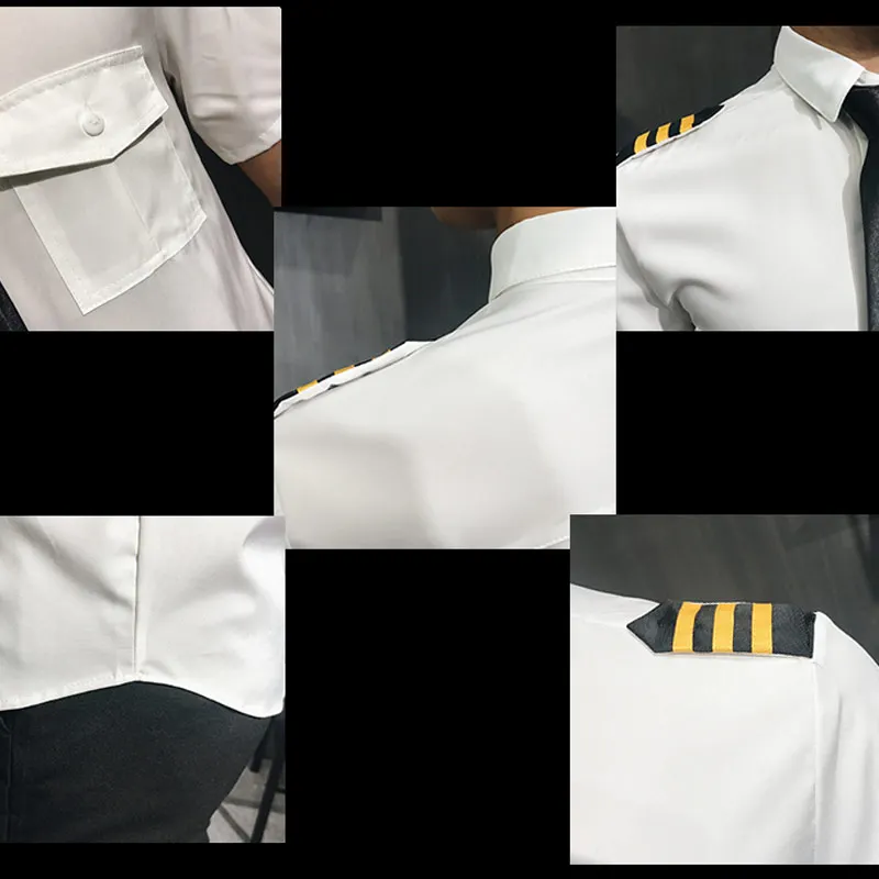 Men White Pilot Uniform Shirt Short Sleeve Slim Fit Lightweight Summer Aviation Dress Shirt Men Captain Office Cosplay Clothes