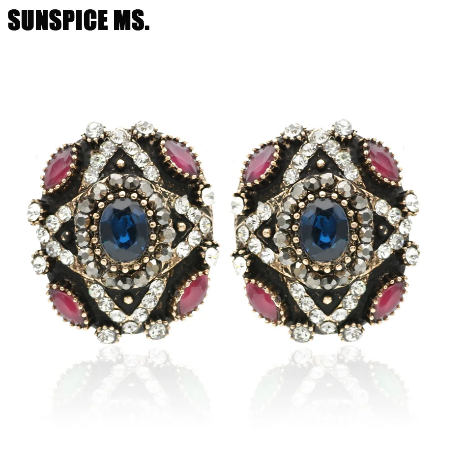 Sunspciems Vintage Turkish Clips Earrings for Women Resin Retro Gold Color Indian Jewelry Ethnic Bohemia Bride Earrings Bijoux