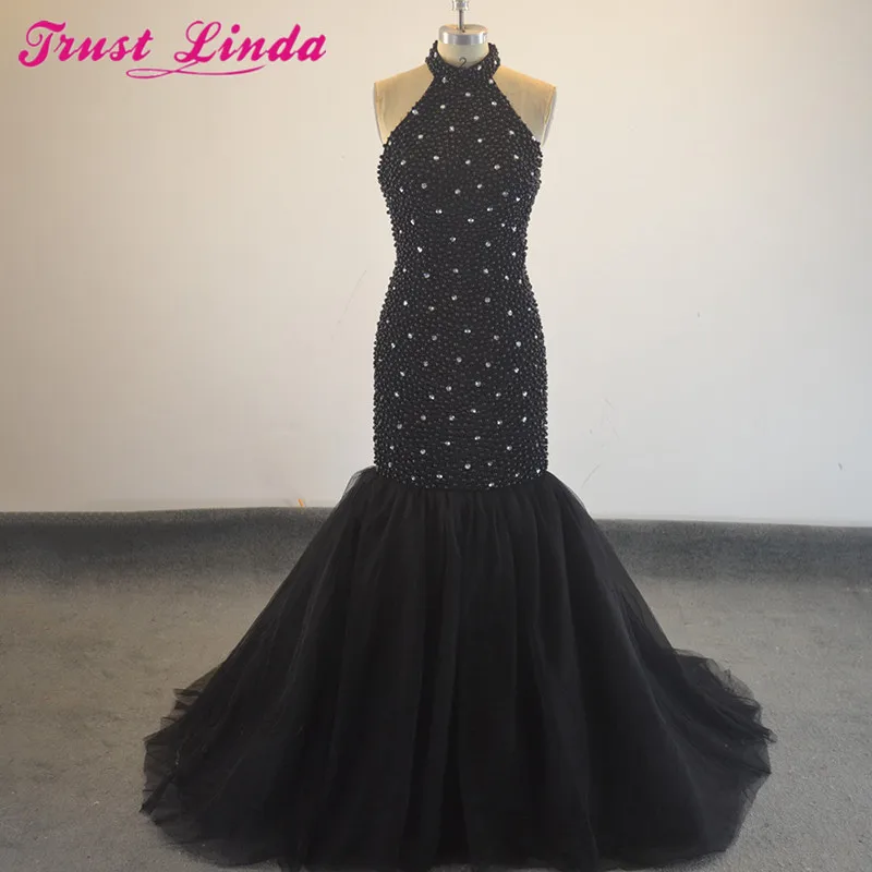 

Luxury Black Pearls Mermaid Bridesmaid Dresses Robe De Bal De Formal Bridal Party Wear Dress Sexy Backless Prom Gowns