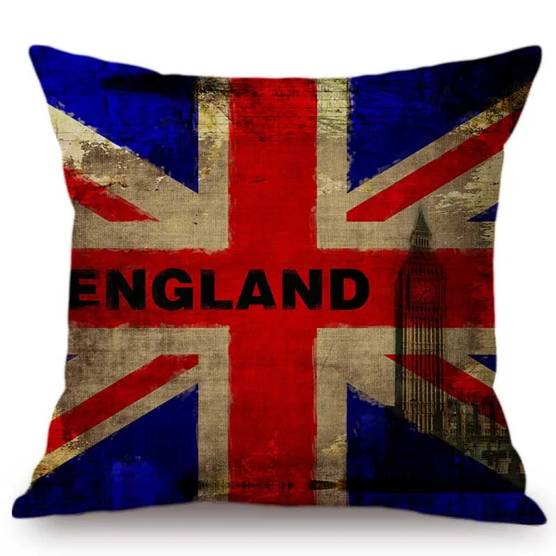 Vintage Retro National Flag US England Canada France Landmark Building Home Decorative Throw Pillow Cotton Linen Cushion Cover