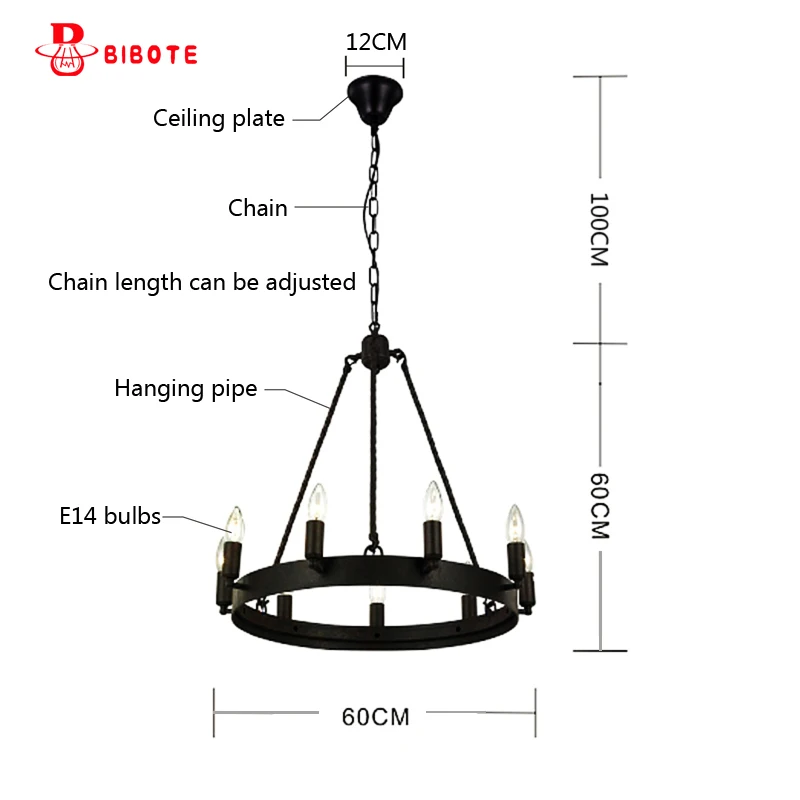 Black Chandeliers Industrial Iron Lighting Candle Light Hanging Ceiling Chandelier Fixture Dining Kitchen Bedroom Living Room