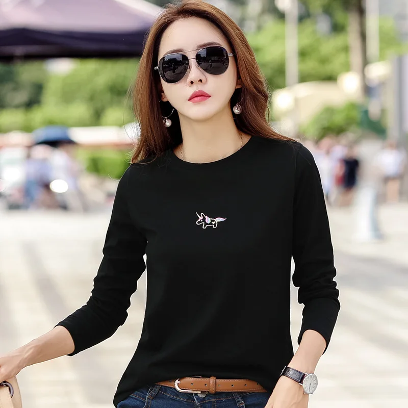 Winter Long Sleeve Shirt Women Tops Tees O-neck Kawaii Embroidery Women\'s T-shirts Cotton Solid Female Tshirts Casual Pullovers