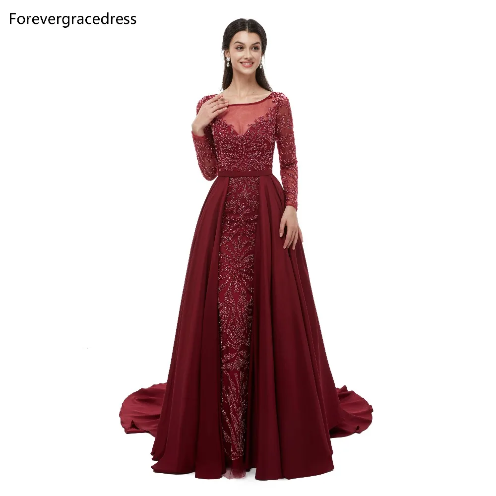 Forevergracedress Long Sleeves Prom Dresses 2019 Sheer Neck Beading With Detachable Skirt Prom Party Gowns Plus Size Custom Made