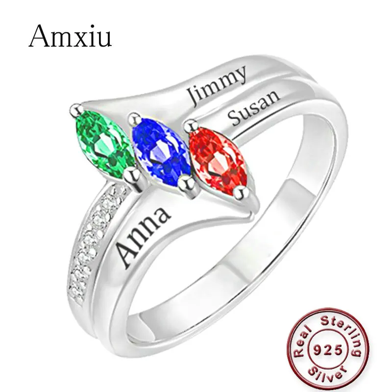 Amxiu Customize Three Names Rings 925 Silver Name Ring with Birthstones Large Zircon Rings For Women Mother Personalized Jewelry