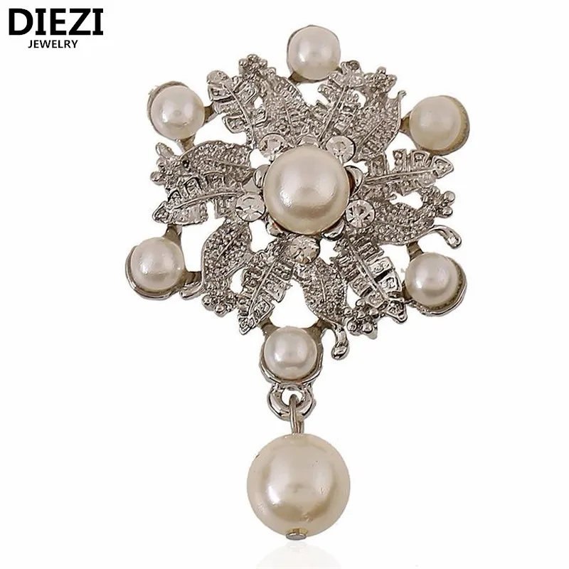 DIEZI Luxury Silver Color Flower Austria Crystal Pear Charm Water Drop Brooches Pin Women Costume Jewelry Wedding Bouquet Brooch