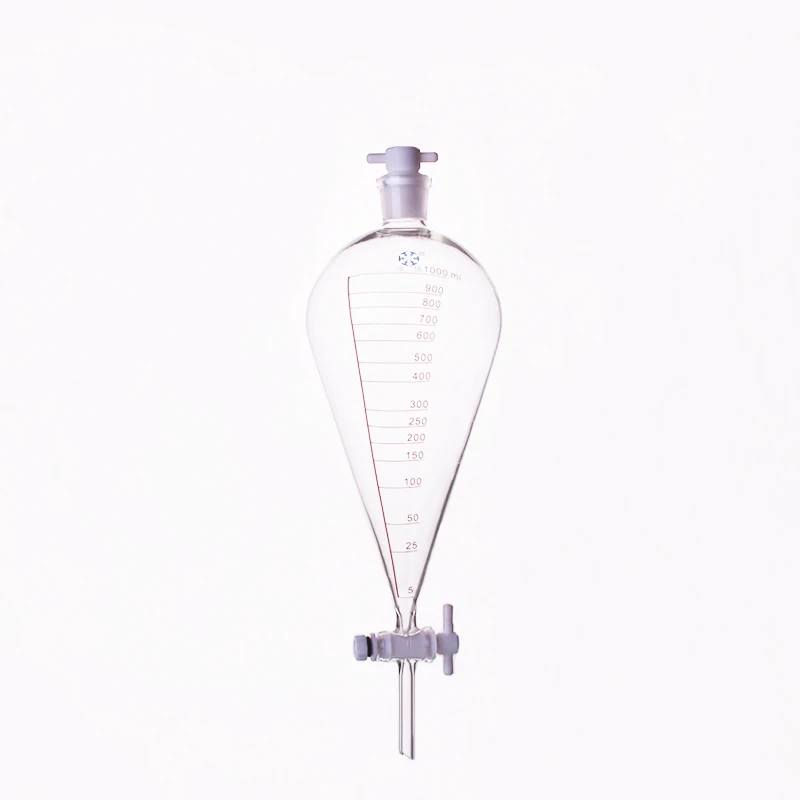 Separatory funnel pear shape,with ground-in PTFE stopper 24/29 and stopcock,With tick marks,Capacity 1000ml,PTFE switch valve