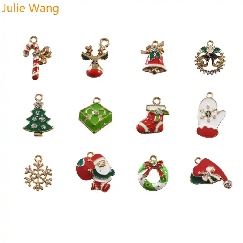 Julie Wang 12pcs Alloy Enamel Santa Claus Christmas Tree Shoe Deer Snowflake Charms Pendant Jewelry Making Christmas Decoration