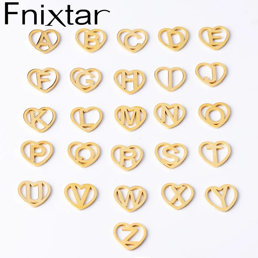 Fnixtar 26Pcs 12mm Hollow Love Heart Initials Alphabet Charms Mirror Polish Stainless Steel Letter A-Z Charms For Braid Bracelet