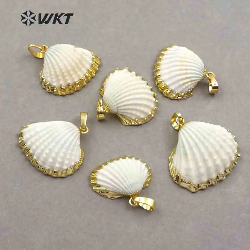 WT-JP017 Wholesale Fashion gold trim white scallop shell pendant, Amazing lovely natural scallop shell pendant with gold trim