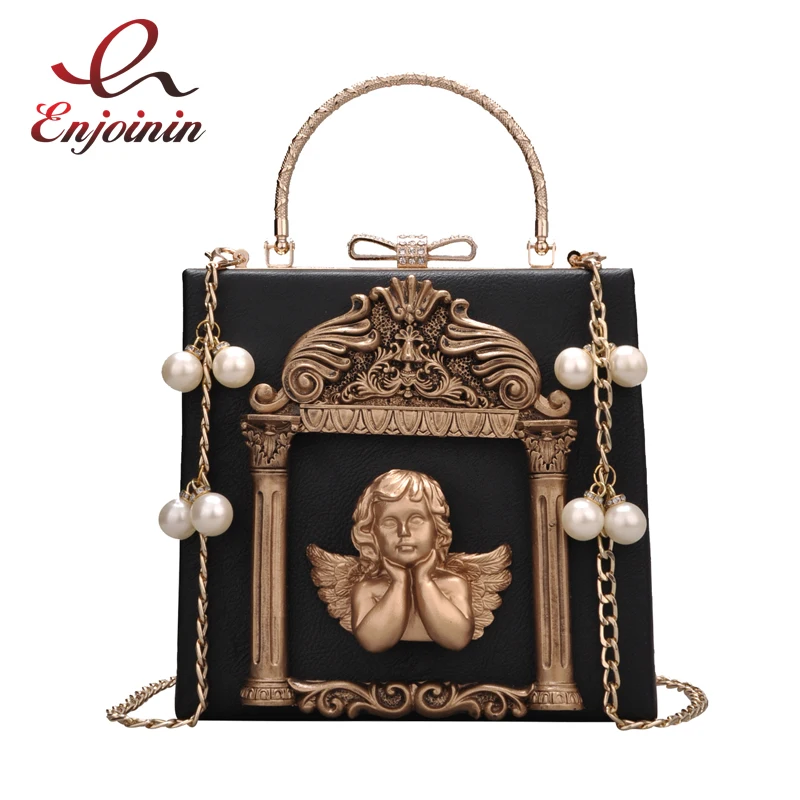 Luxury fashion Cupid decals box shape pu leather pearl chain shoulder bag handbag party purse women\'s crossbody messenger bag