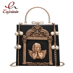 Luxury fashion Cupid decals box shape pu leather pearl chain shoulder bag handbag party purse women's crossbody messenger bag