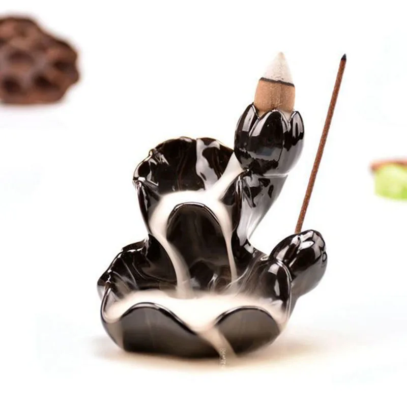 Mini Black Glazed Backflow Incense Burner Tower Incense Burner Lotus Aromatherapy Furnace Smell Removing Teahouse Decor