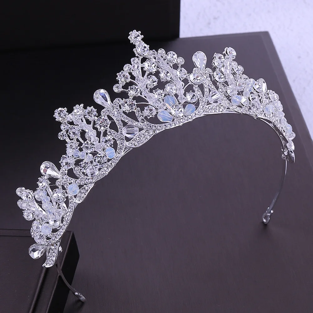 KMVEXO Handmade Rhinestone Beads Bridal Tiara Crown Silver Color Crystal Diadem Veil Tiaras Wedding Hair Accessories Headpieces