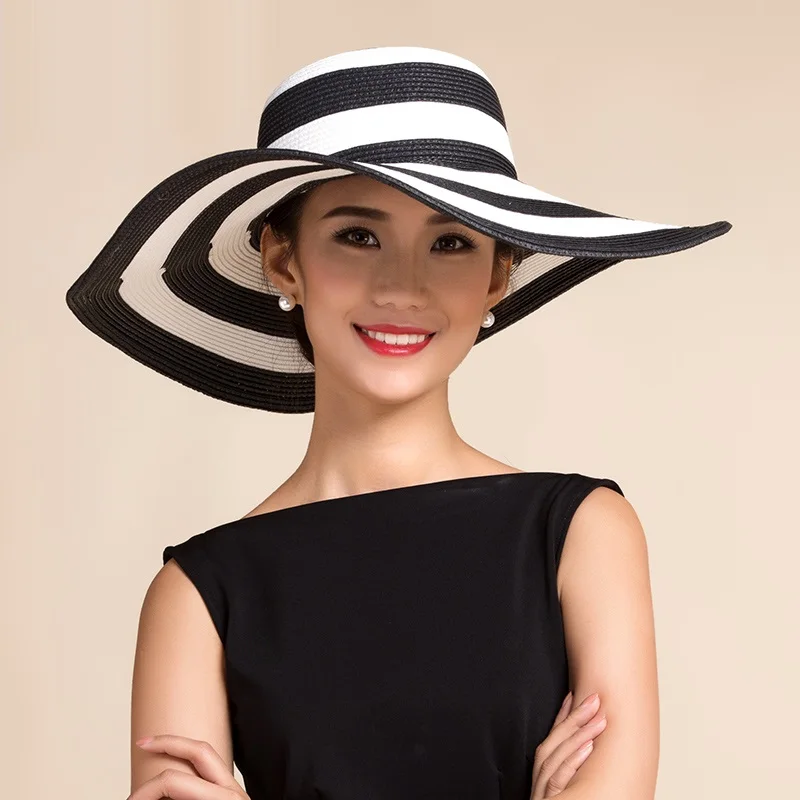 

Hat Woman Summer Stripe Hat Adult Beach Sun Cap Wide Brim Foldable Summer Female Tide Woman Travel Cap B-7789