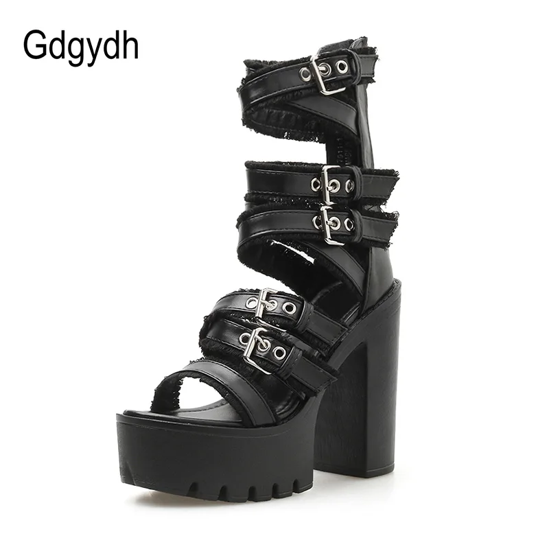 Gdgydh Women Gothic Shoes High Block Heel Hollow Out Sandals Gladiator Clubwear Shoes Platform Fashion Buckle Ankle Strap Drop