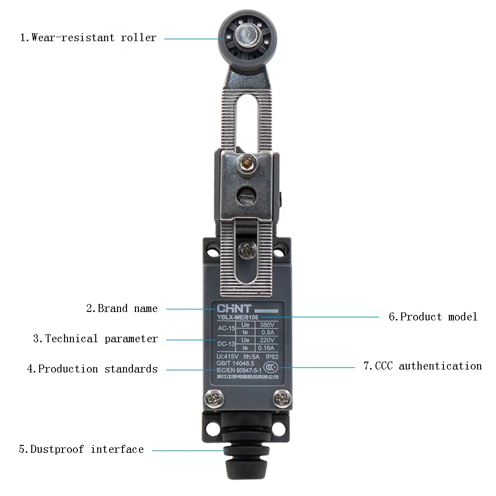 YBLX-ME/8108 380/220V 0.8/0.16A Limit Travel Switch Adjustable Rotation Arm Roller Stroke Switches for Machine Automatic Control