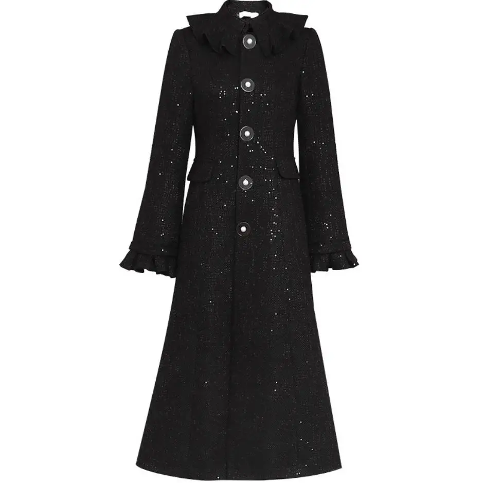 

Small fragrance vintage slim single breasted tweed black long woolen coat autumn winter 2XL