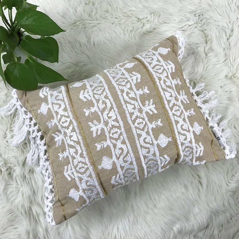 Linen Embroidery Cushion Cover Grey Blue Khaki Ethical Floral Pillow Case with Tassels For Sofa Seat Simple Home Decor 35*45cm