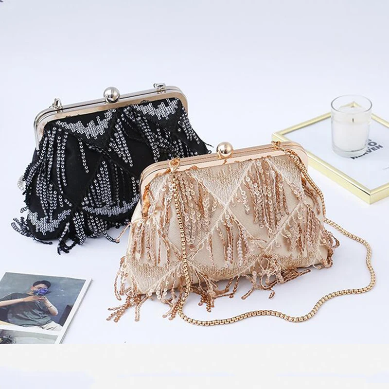 Elegant Champagne Lady Shoulder Bag Fashion Sequined Tassel Women Clutch Bag Female Metal Chain Handbag Party Purse ZD1196